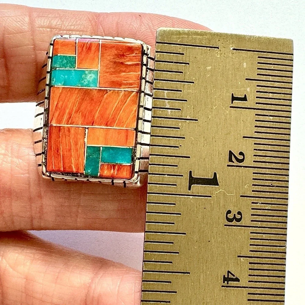 Turquoise Multi Stone Inlay Mens Ring Sz 13 Navajo Sterling‎ Signed T Jack 22mm